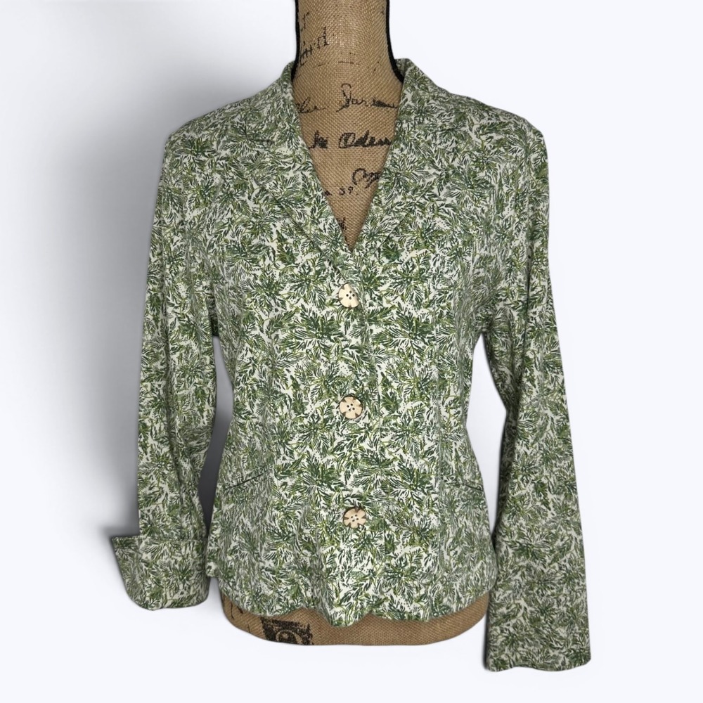 Christopher & Banks Leaf Print Blazer Jacket Green White Botanical Garden Sz L